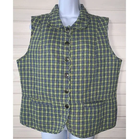 Christopher & Banks Sz LARGE Vest Cotton Green Plaid Button Front Quilted EUC - Picture 3 of 9